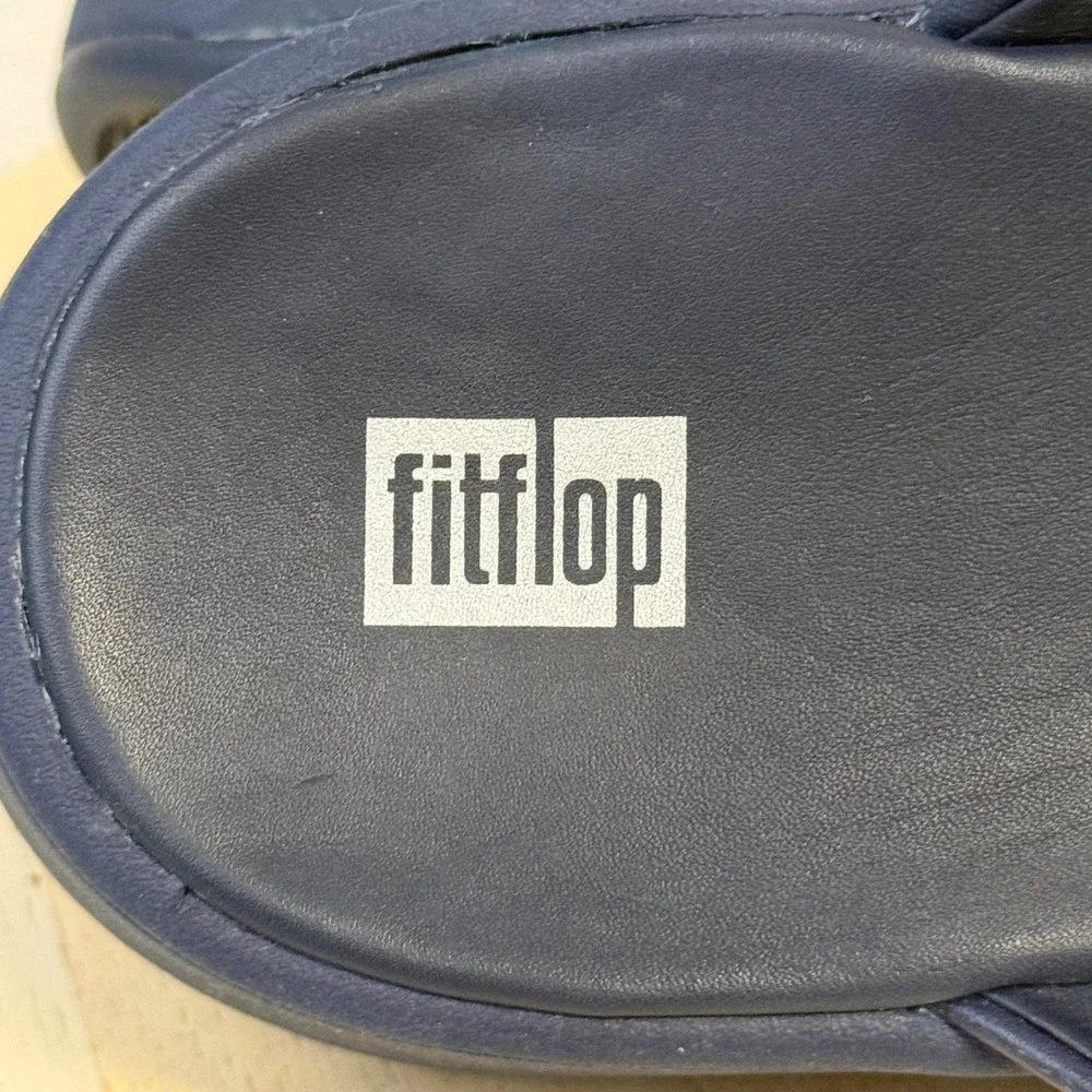 FitFlop Lulu Navy Leather Wedge Sandals Thong Platform FW4-399 Womens 9